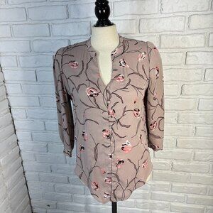 RW & Co Ladies Size Small Taupe w/ Flower Pattern 3/4 Length Sleeves Blouse